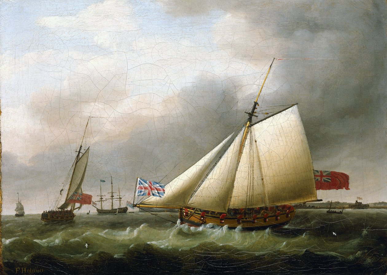 A "Fly" hajó és más hajók a Downs-tól délre (Anglia), Union Jack zászlóval. Olaj, vászon alkotó: Francis Holman
