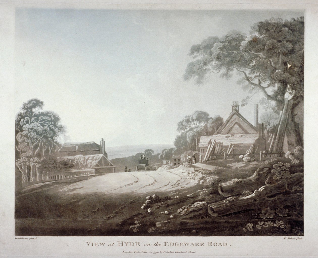 Egy lovas kocsi eltűnt egy domb fölött az Edgware Roadon, London, 1799 alkotó: Francis Jukes