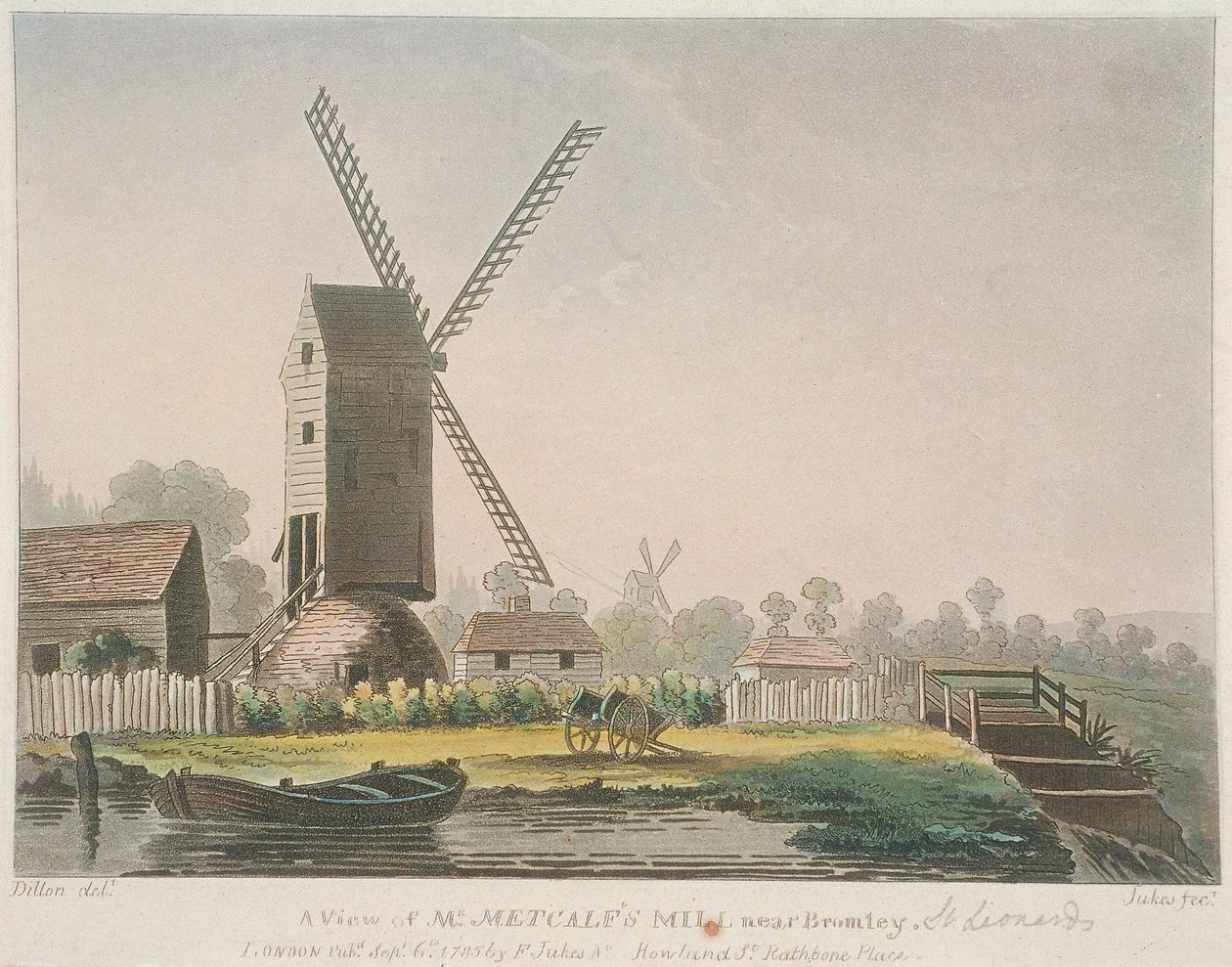 "A kilátás Mr Metcalf malmára Bromley közelében", Bow, Poplar, London, 1785 alkotó: Francis Jukes
