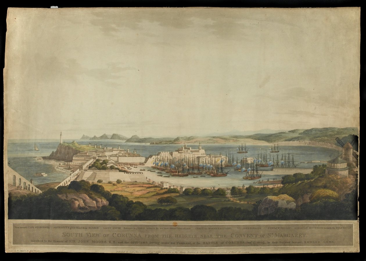 Korunna déli nézete a magaslatról a Szent Margit kolostor mellett, H. Merke metszete, 1809-ben megjelent (színes akvatinta) alkotó: Francis Lee