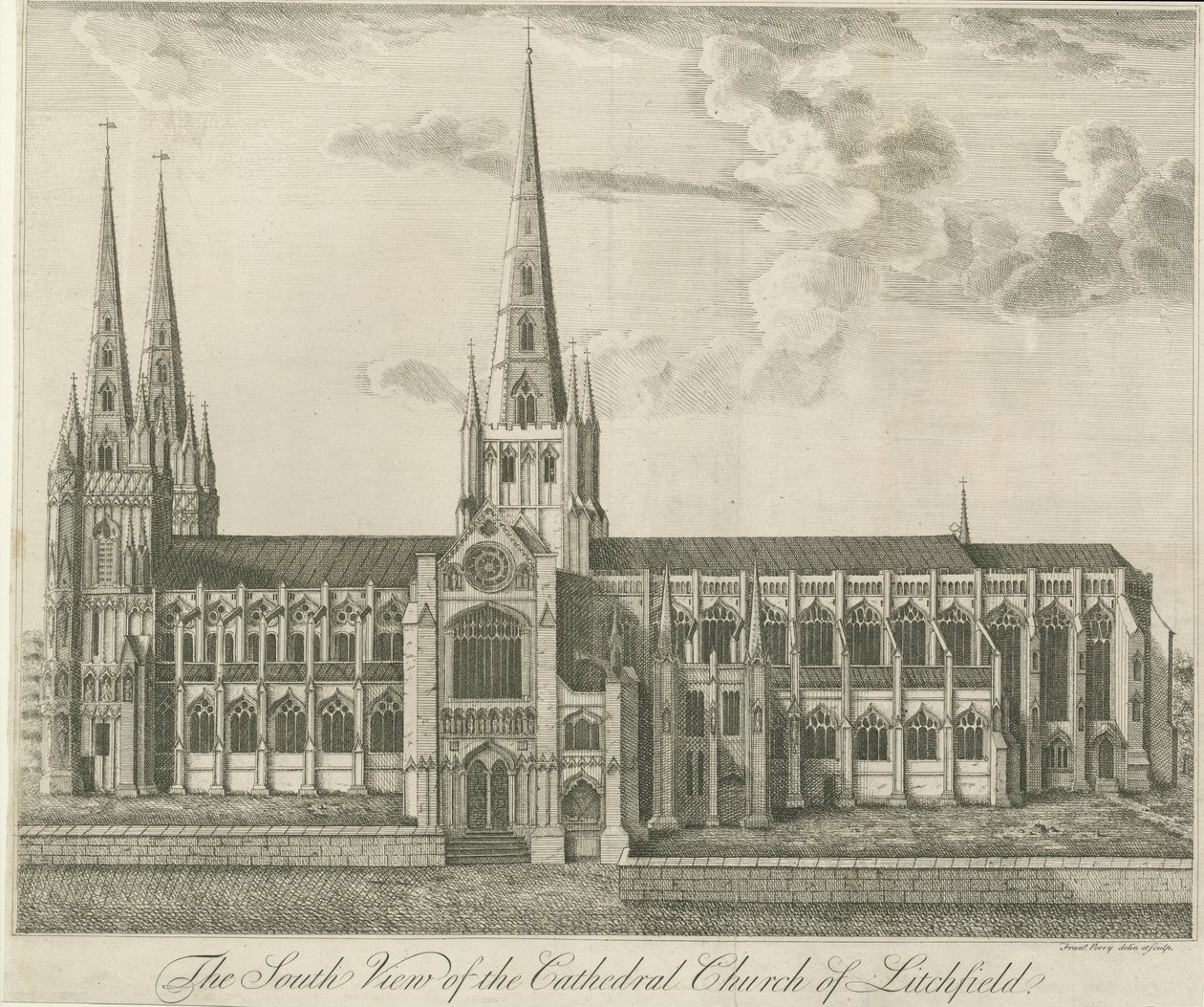 Lichfield katedrális – Déli nézet: rézkarc, és [19. század] (nyomtatott) alkotó: Francis Perry