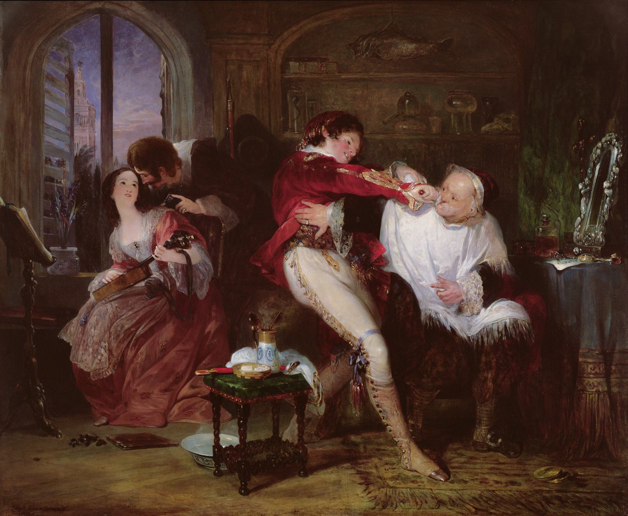 Dr. Bartolo házában, A sevillai borbély Beaumarchais-vígjátékának jelenete, 1834 körül alkotó: Francis Phillip Stephanoff
