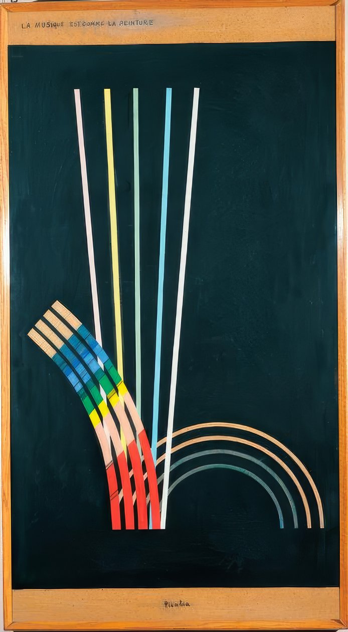 Mindenki. Fekete színek, fehér, piros, kék, sárga vonalak, görbék, egyenesek, ívek. alkotó: Francis Picabia