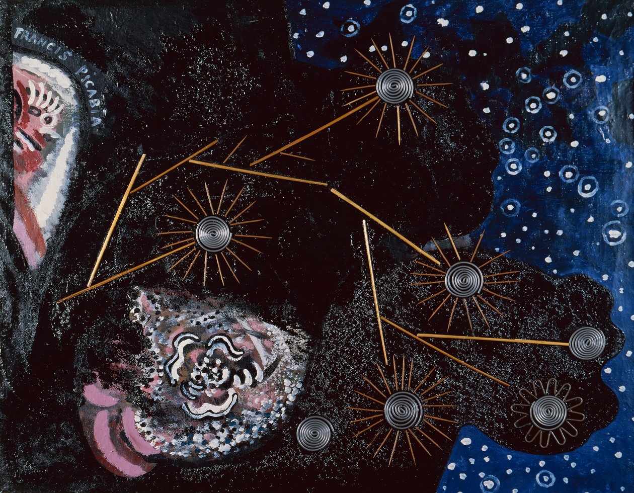 Flirt (ripolin, fogpiszkáló, szívószál, kapcsok és ólomdrót vászonra) alkotó: Francis Picabia