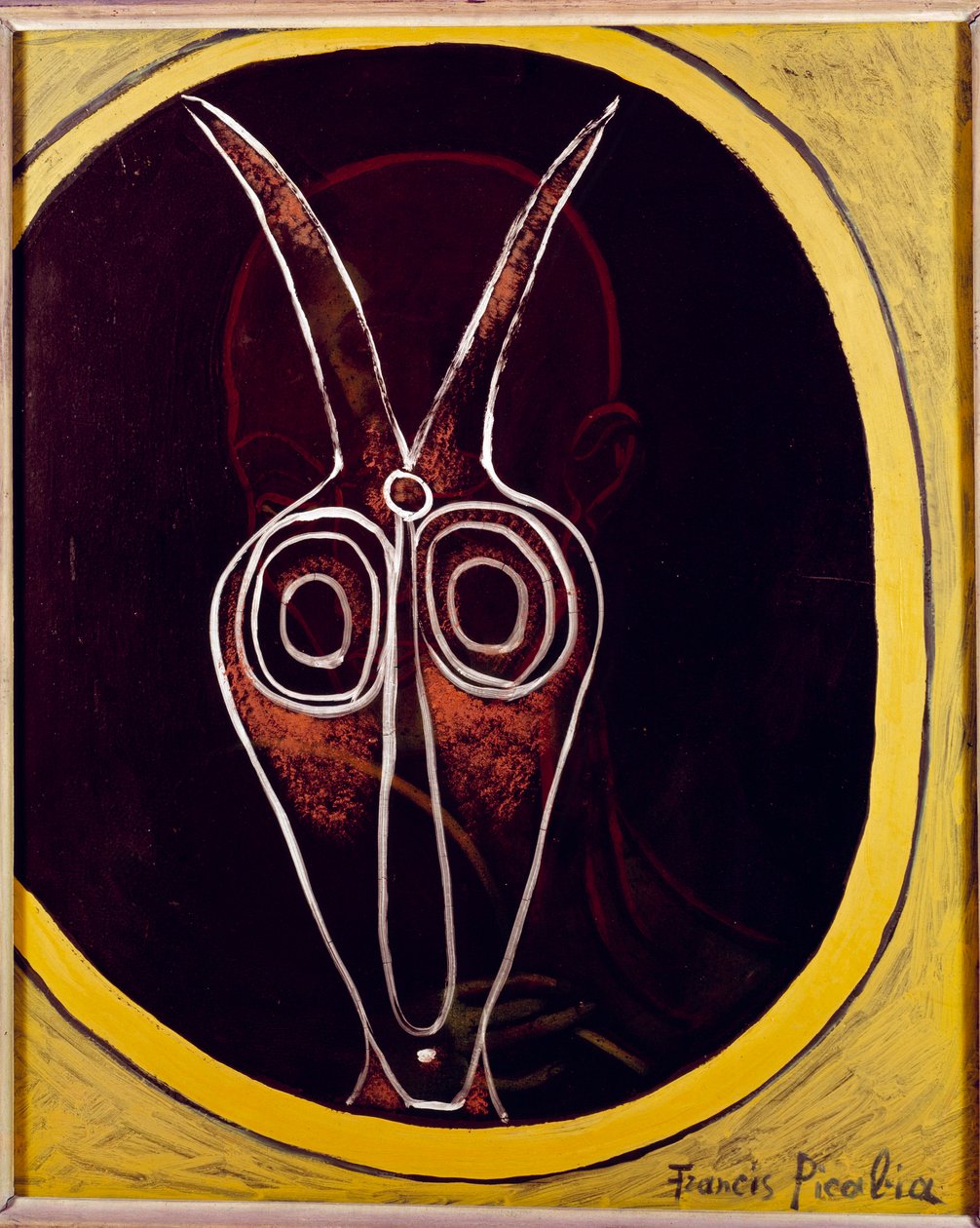 Átláthatóság. Emberarc és állatfej, szarvval, 20. század (olaj, vászon) alkotó: Francis Picabia