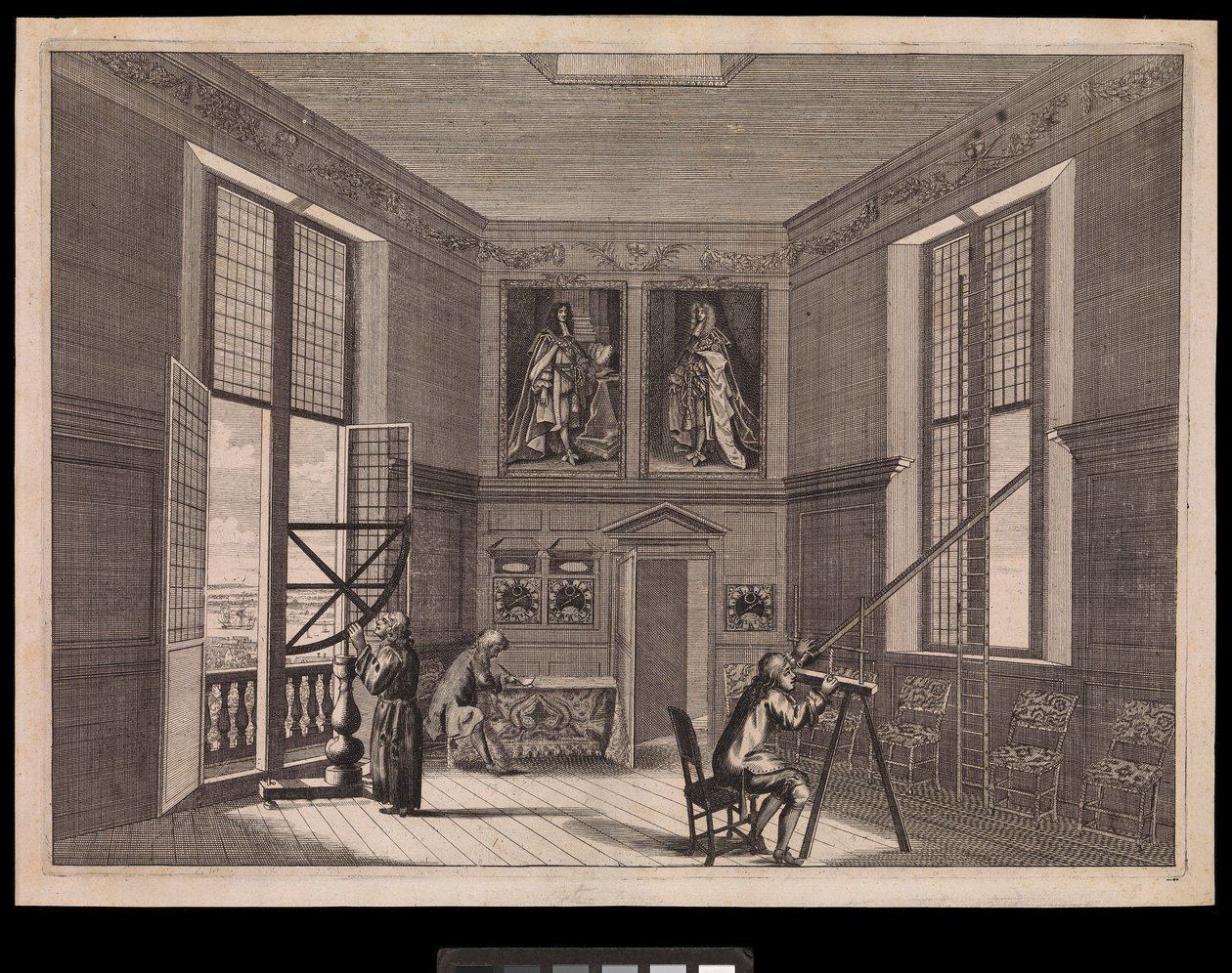 Három alak csillagászati eszközöket használ a Királyi Csillagvizsgáló Nagy Csillagtermében, vagy ahogy ma nevezik, az Oktogon teremben, 1676 körül (metszet). alkotó: Francis Place