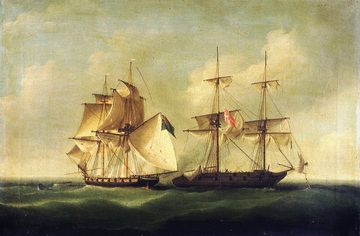 Napóleoni háborúk: ágyúnaszád-háború (1807-1814), amelyben a Dán Királyság és a Norvég Királyság a brit flotta ellen harcolt. alkotó: Francis Sartorius