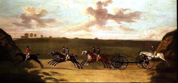 A Newmarket-i kocsis mérkőzés az idővel szemben, 1750. augusztus 29. (olaj, vászon) alkotó: Francis Sartorius