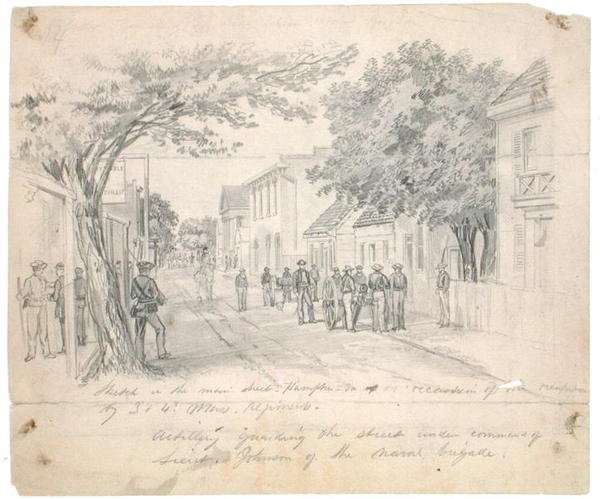 "Main Street, Hampton, Virginia...tüzérség őrzi az utcát" 1860 körül (ceruza, papír) alkotó: Francis Schell