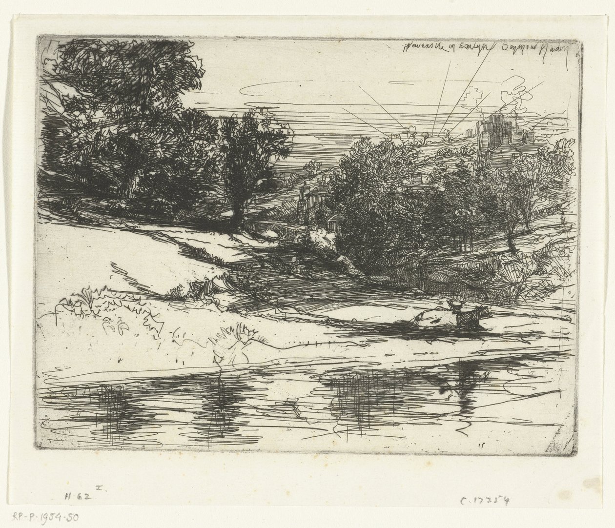 Új kastély tája Walesben Newcastle Emlynben (cím az objektumon) alkotó: Francis Seymour Haden (Sir) (signed by artist)
