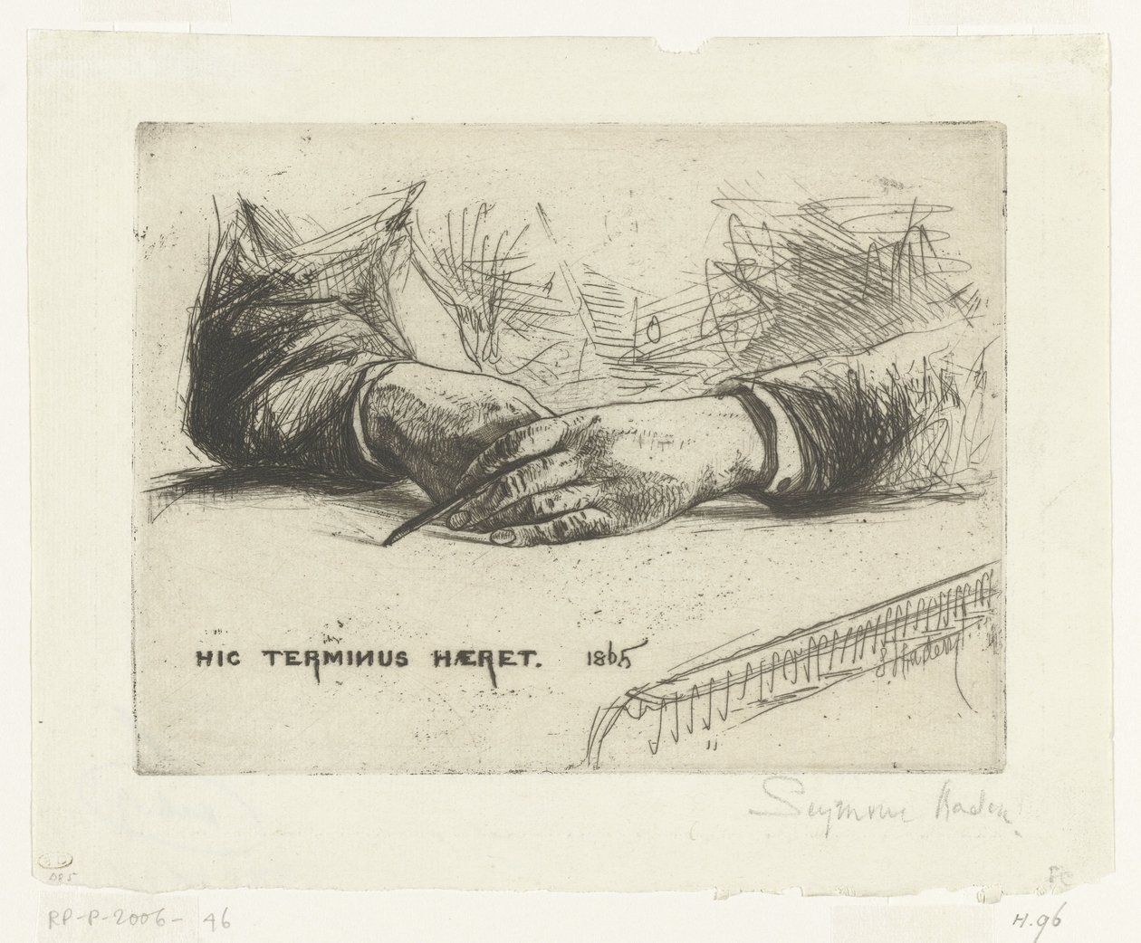 Két kéz, rajz krétával Kezében egy zsírkréta Hic Terminus Haeret (cím az objektumon) alkotó: Francis Seymour Haden (Sir) (signed by artist)
