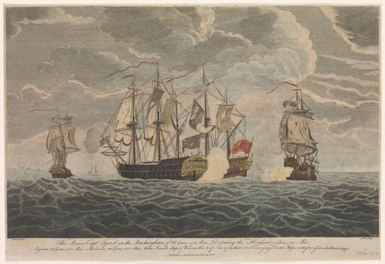 A bátor Tyrrel kapitány a 66 ágyúból és 472 emberből álló "Buckingham" hajón, amely legyőzte a "Florissant", "Aigrette" és "Atlante", három francia hadihajót, 1758. november 3-án. alkotó: Francis Swaine