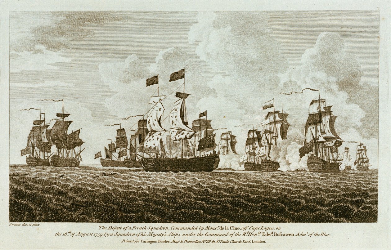 "Tizenkét nyomat tengeri kötelezettségvállalásokról. Egy francia hajóraj veresége, amelyet Monsr de la Clue parancsnok vezetett, a Lagos-foknál, 1759. augusztus 18-án, Őfelsége hajóinak egy hajórajával, amelyet a Rt Honble Edwd. Boscawen Adml of the Blue"  alkotó: Francis Swaine