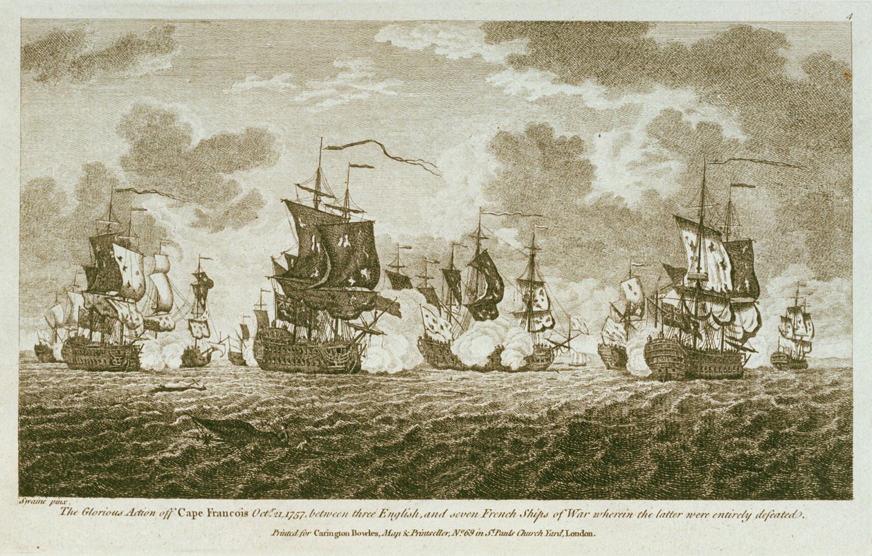 Tizenkét tengeri jegyességről készült nyomat. A dicsőséges összecsapás a Francois-foknál 1757. október 21-én az angolok és hét francia hadihajó között, ahol az utóbbiak teljes vereséget szenvedtek. (metszet) alkotó: Francis Swaine