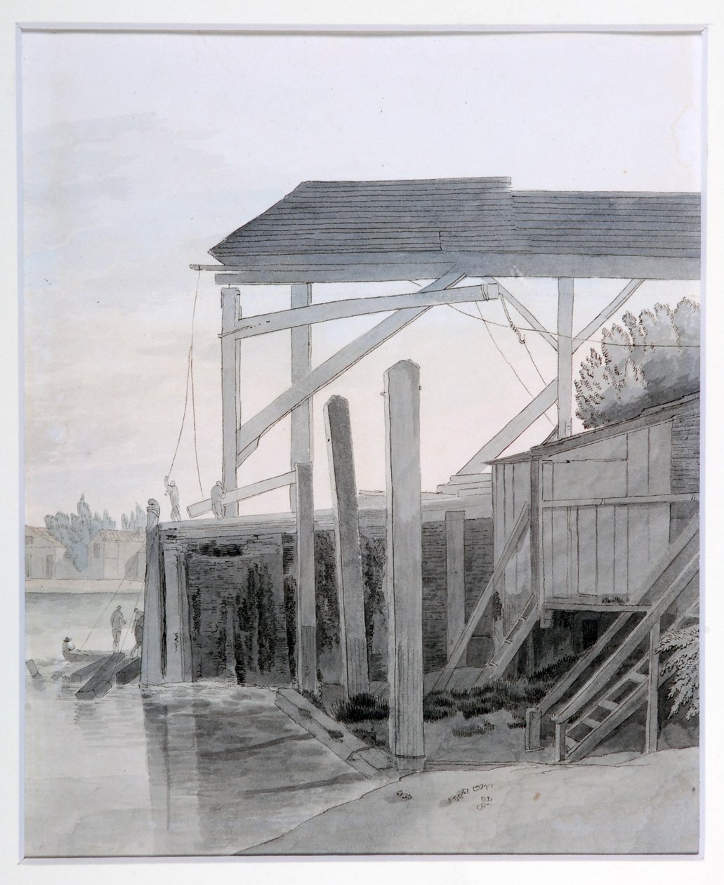 A Wharf, 1800 körül (toll és tinta akvarellel papíron) alkotó: Francis Towne
