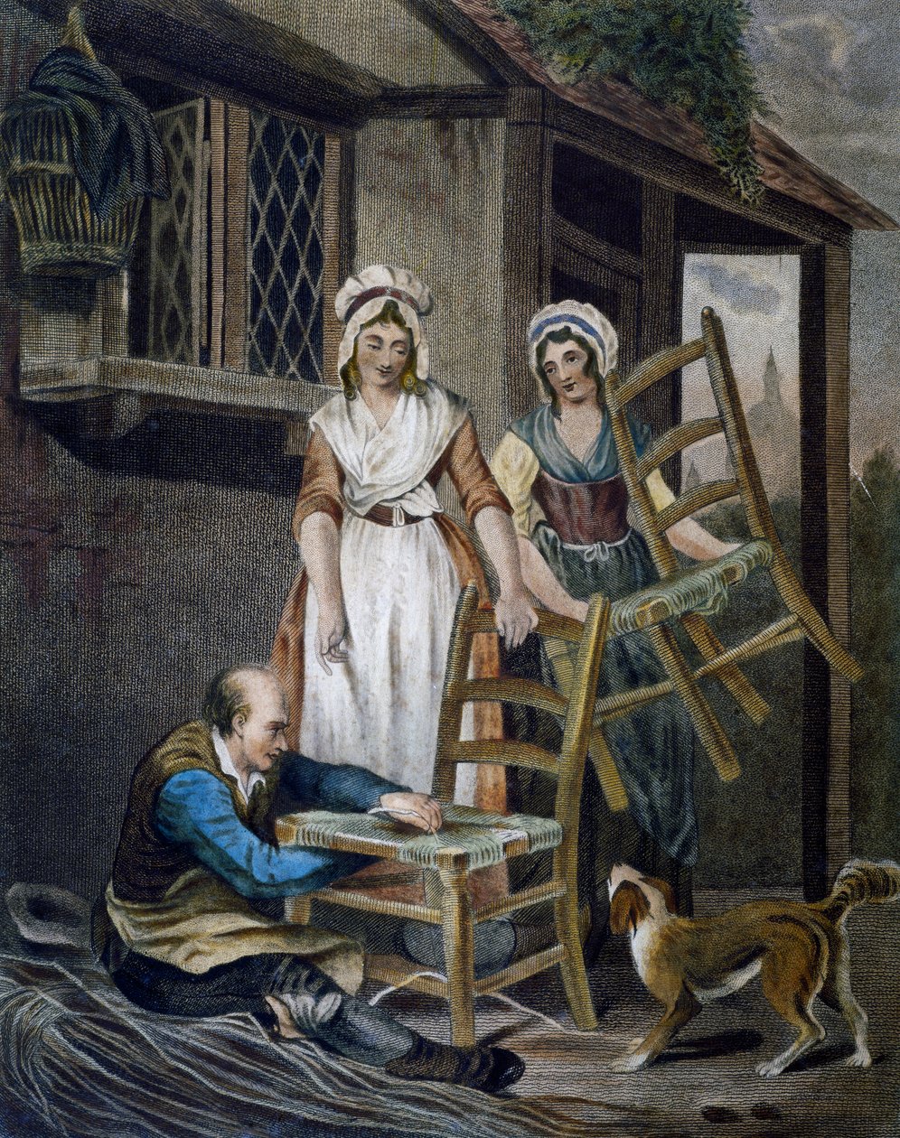 Fonott székülések készítése, metszet: Francis Wheatley (1747-1801) a Cries Londonból, Egyesült Királyság alkotó: Francis Wheatley