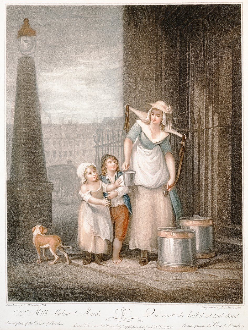 Tej a szolgálólányok alatt, „The Cries of London” 2. táblája, Luigi Schiavonetti (1765-1810) metszete, pub. készítette: Colnaghi und Co., 1793 (stipple-metszet) alkotó: Francis Wheatley