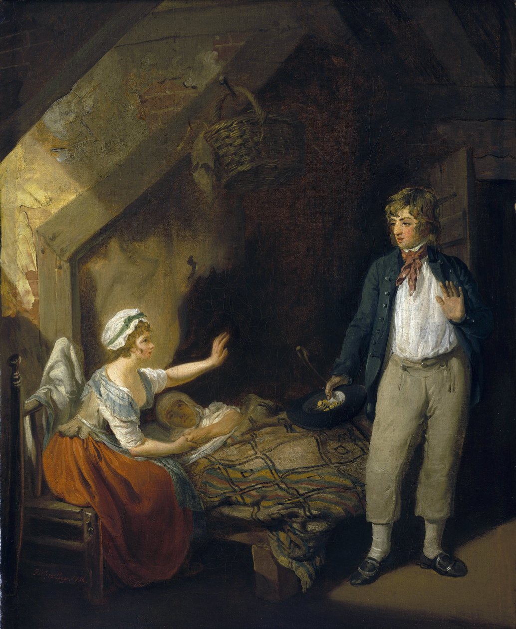 A tengerész visszatérése, a házikó belseje: hálószoba, a feleség és az anya ágyban fekve, az egyetlen bútor a szobában, csupasz téglafalakkal. alkotó: Francis Wheatley