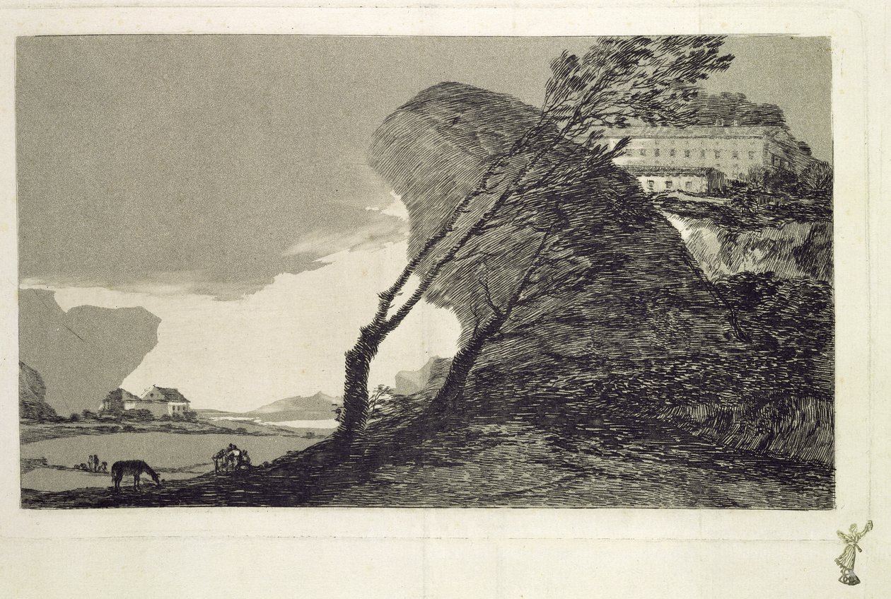 Táj nagy sziklákkal, épületekkel és fákkal, 1810 előtt (rézkarc és akvatinta) alkotó: Francisco de Goya