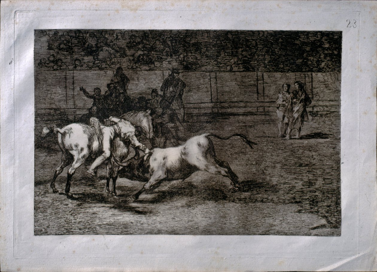 Mariano Ceballos, akit el Indio -nak hívnak, megöli a bikát lóhátról alkotó: Francisco de Goya