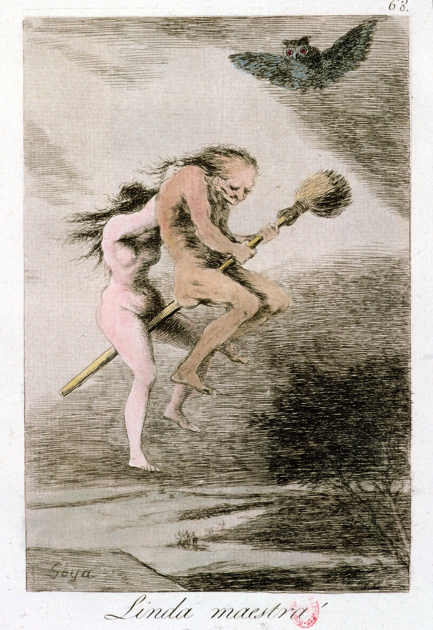 Linda Maestra (Csinos tanár), „Los Caprichos” 68-as táblája, 18. század vége (színes metszet) alkotó: Francisco de Goya