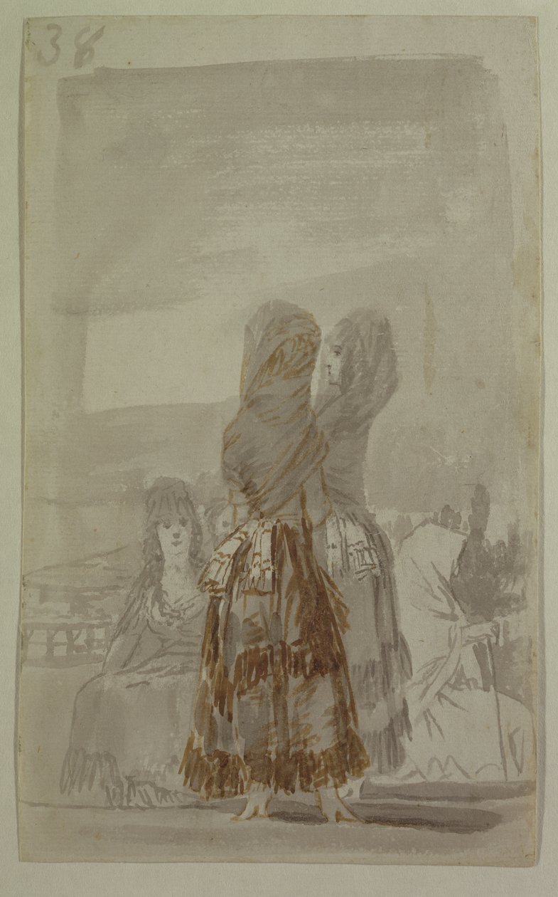Maják felvonulnak a paseón (szürke és fekete ceruza papíron) alkotó: Francisco de Goya