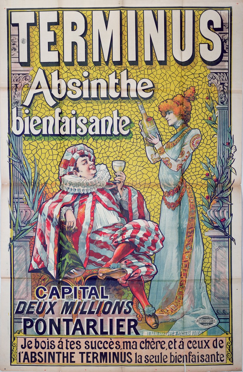 A „Terminus” abszintot reklámozó plakát Sarah Bernhardt szerepében „Absinthe” szerepében, Constant Coquelin pedig Moliere „Sgnanarelle” című filmjében, 19. század végén alkotó: Francisco Tamagno
