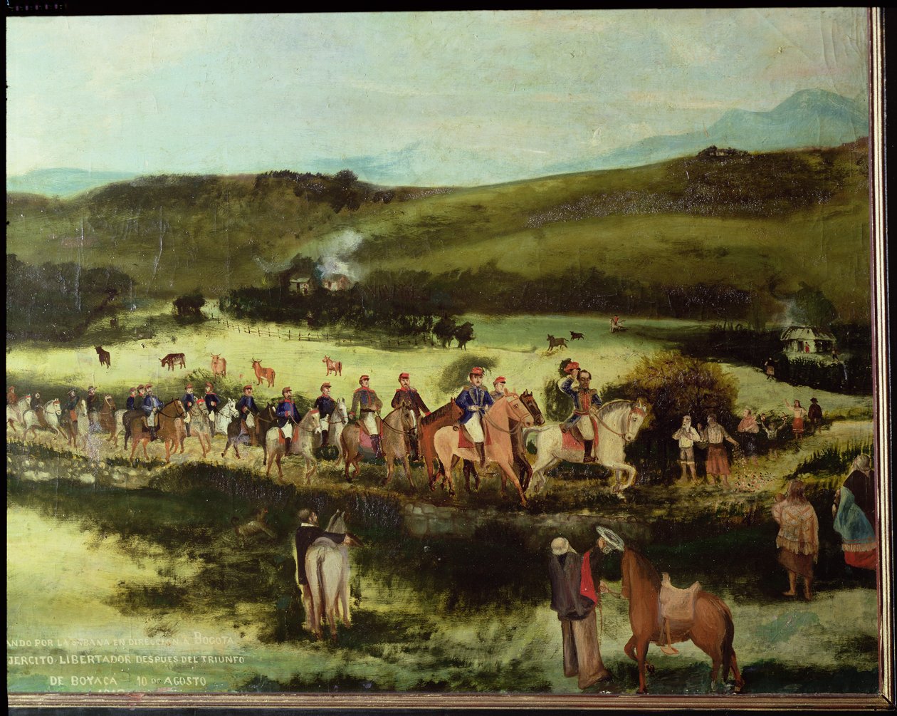 Simon Bolivar (1783-1830) és Francisco de Paula Santander (1792-1840) Bogotába utazik a Libertador seregével Boyaca győzelme után, 1829. augusztus 10. alkotó: Francisco de Paula Alvarez