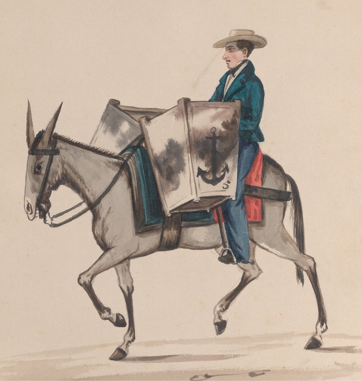 Egy pék lóháton, egy perui viseletet ábrázoló rajzcsoportból, kb. 1848. alkotó: Francisco