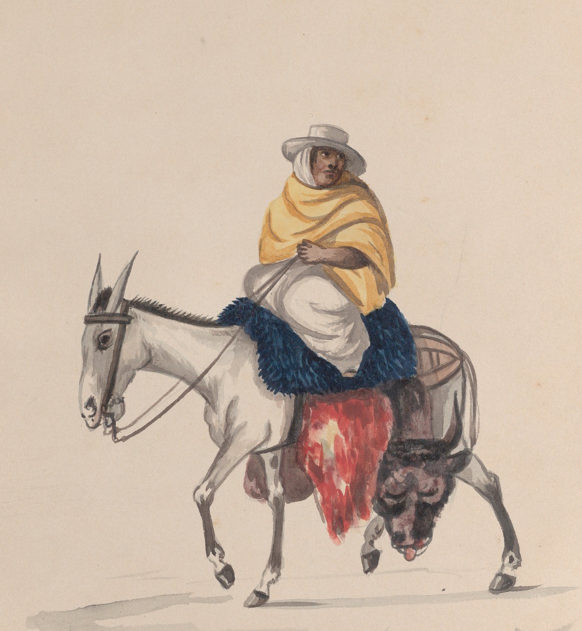 Egy szamáron lovagló hentes, egy perui viseletet ábrázoló rajzcsoportból, kb. 1848. alkotó: Francisco