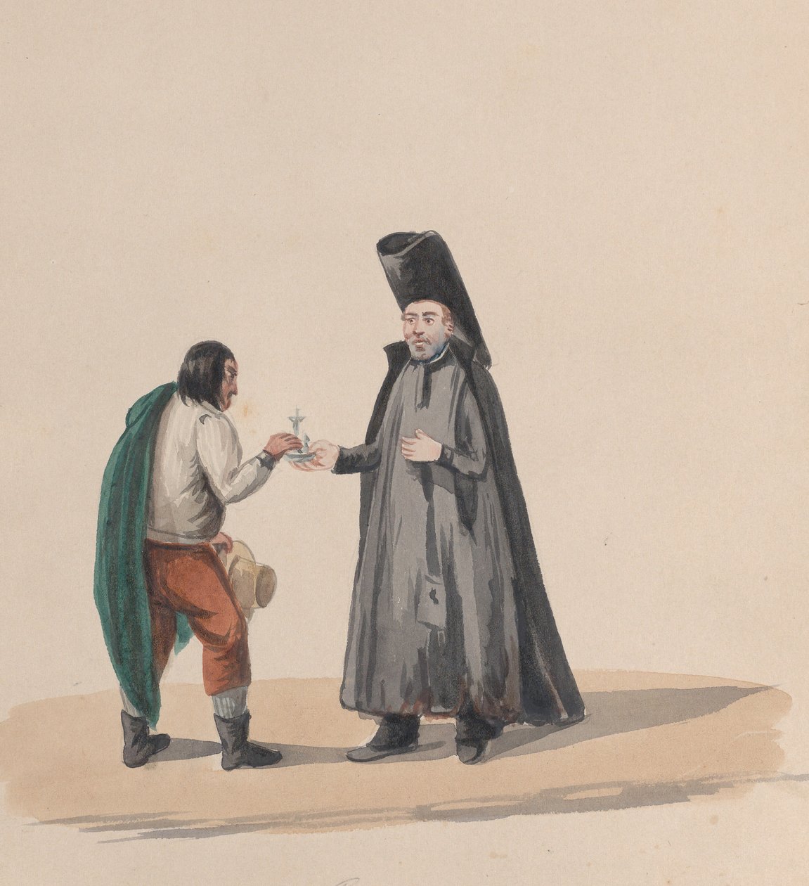 Egy kanonok, aki feszületet ad át egy férfinak, egy perui viseletet ábrázoló rajzcsoportból, 1848. alkotó: Francisco