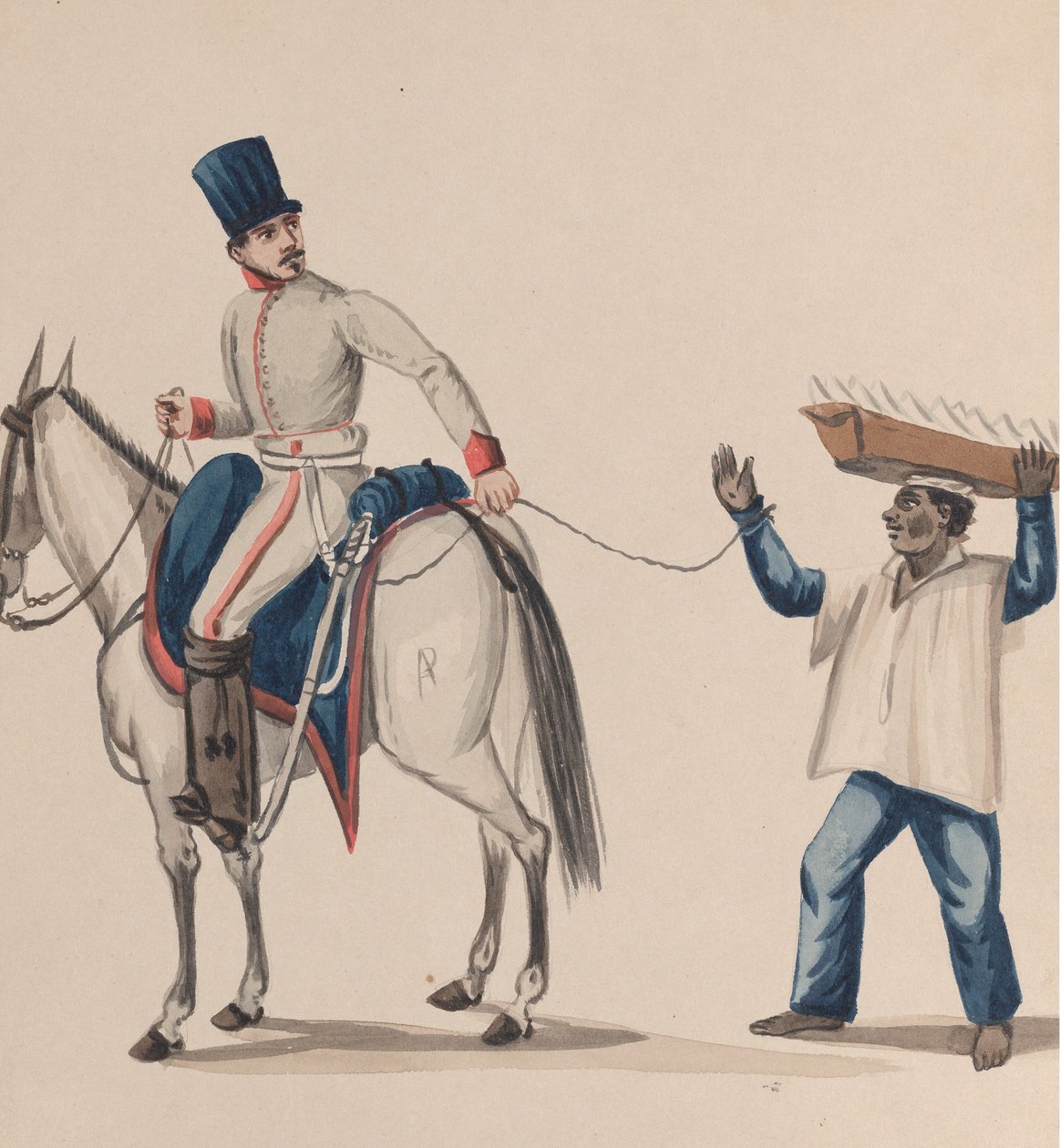 Egy lóháton ülő katona kötéllel, amely egy tányéron egyensúlyozó bennszülött rabszolgát rögzít..., kb. 184 alkotó: Francisco