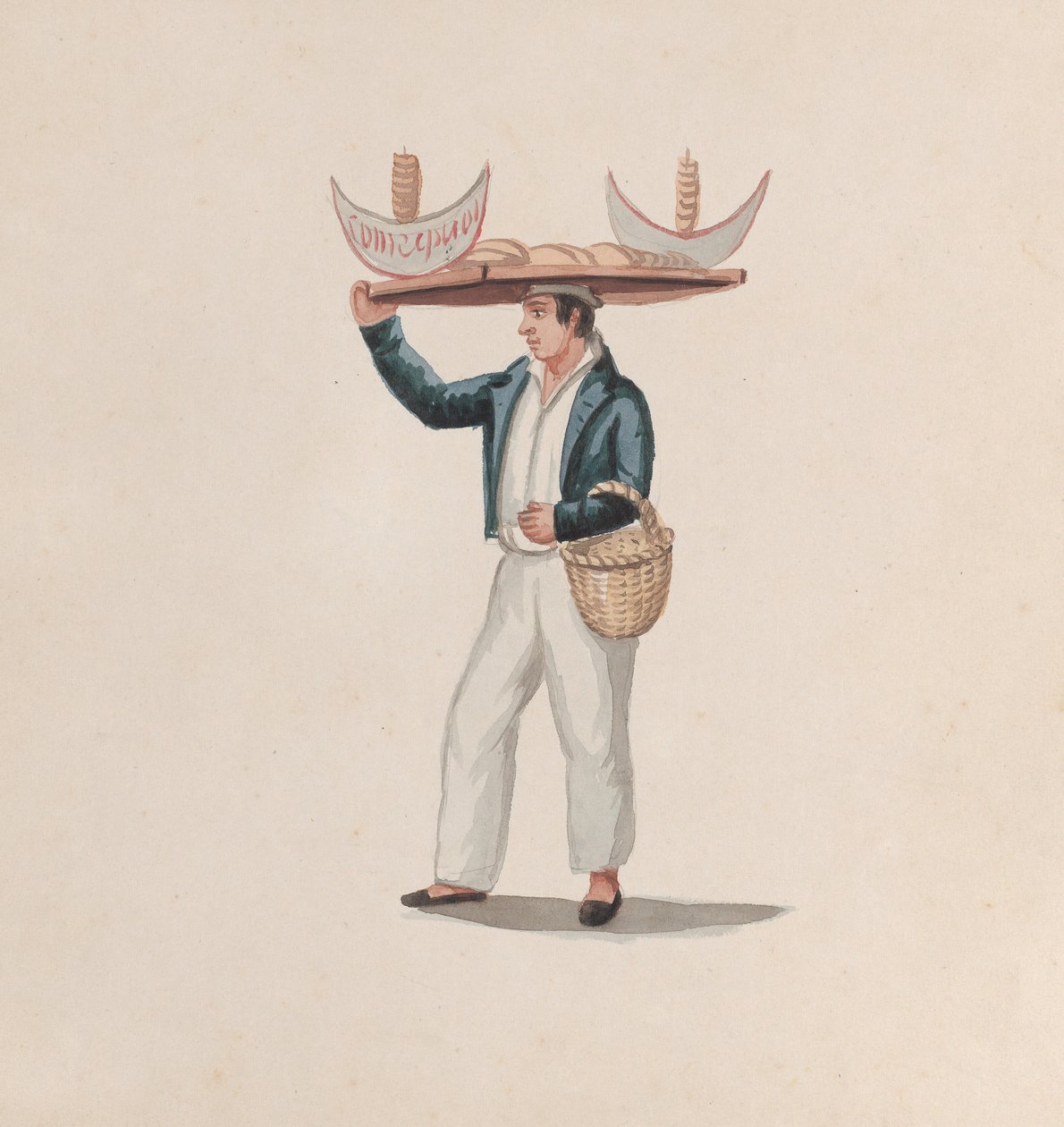 Egy tortillaárus, aki egy tálcát egyensúlyoz a fején, egy rajzcsoportból, amely perui..., kb. alkotó: Francisco