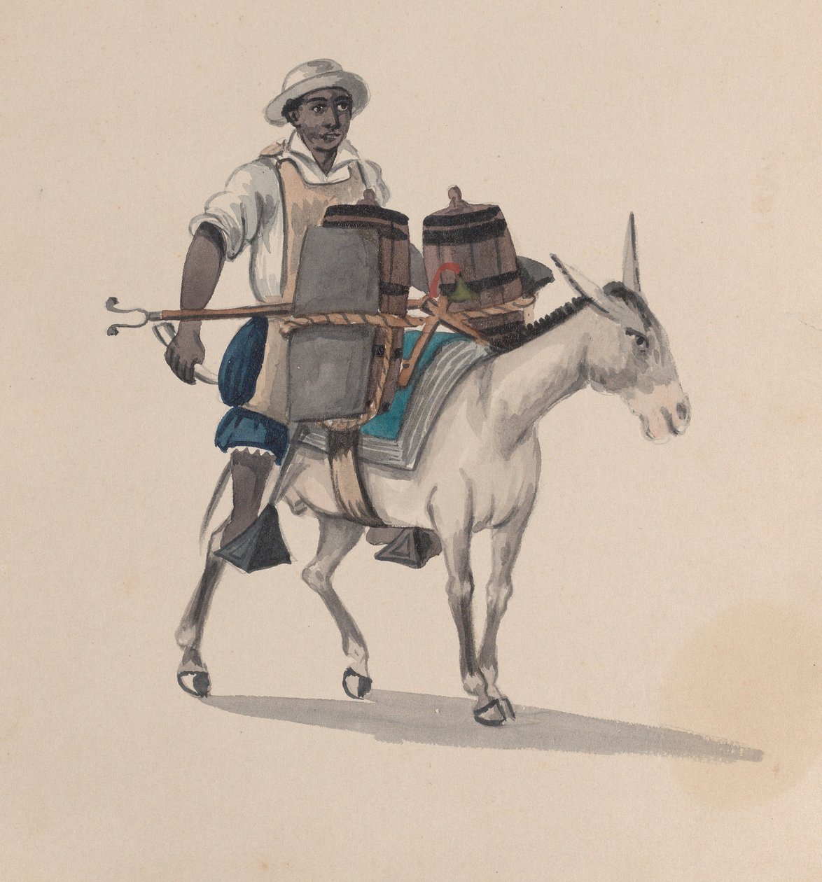 Szamáron lovagló víziszállító, perui viseletet ábrázoló rajzcsoportból, kb. 1848. alkotó: Francisco
