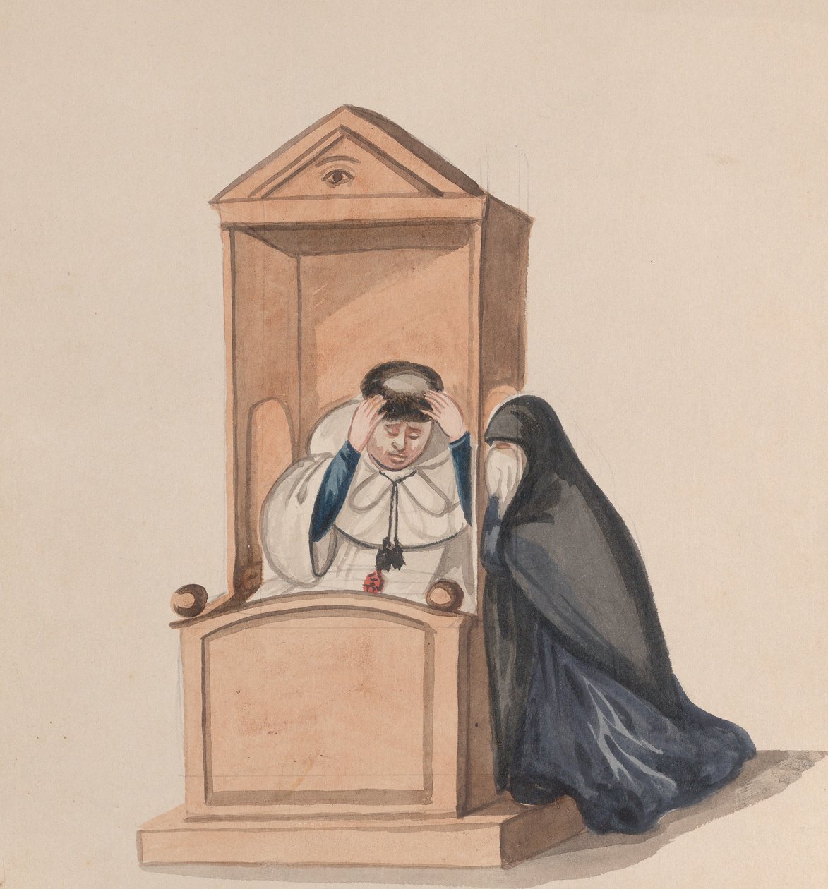 Egy papnak gyóntató nő egy perui viseletet ábrázoló rajzcsoportból, kb. 1848. alkotó: Francisco