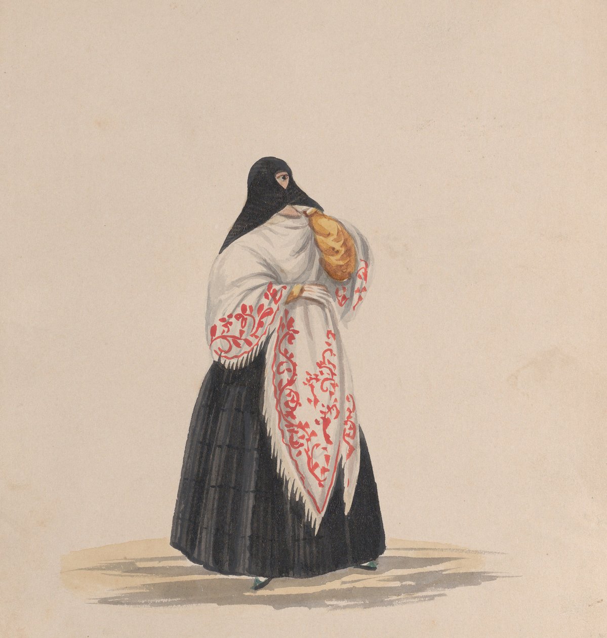 Egy elegánsan öltözött nő, egy perui viseletet ábrázoló rajzcsoportból, kb. 1848. alkotó: Francisco