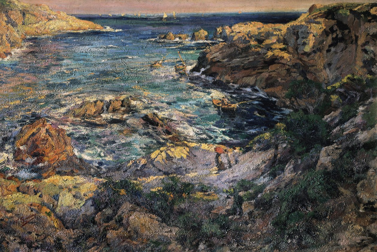 "" Kilátás Aiguablava tengerpartjára Spanyolországban "" Francesc Gimeno i Arasa festménye (1858-1927) 19. vége 20. század eleje Barcelona. Katalónia Nemzeti Művészeti Múzeum. alkotó: Francisco Gimeno y Arasa
