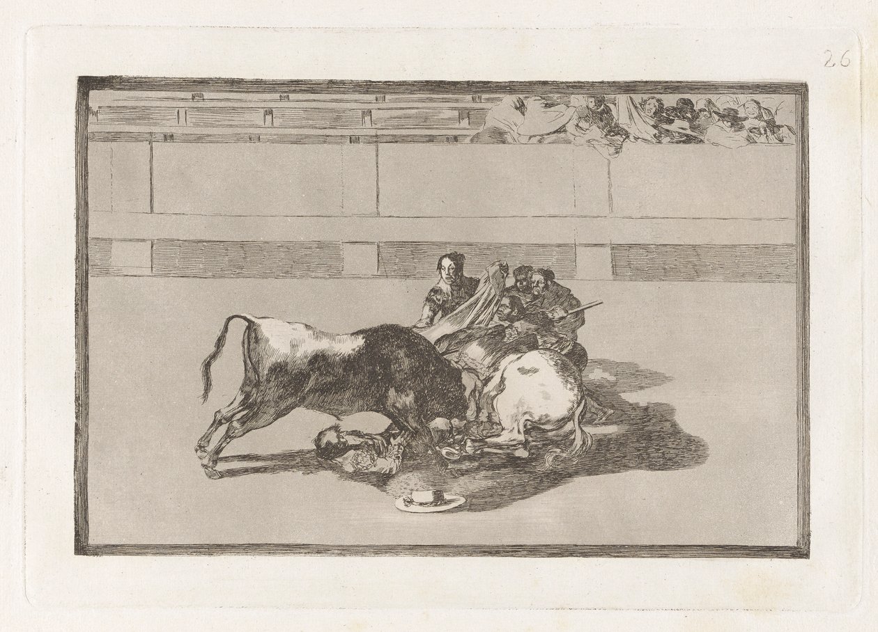 Picador leesése a lováról a bika alatt (A Picador ló nélkül van, és a bika alá esik), 26. tábla a La tauromaquia-ból alkotó: Francisco de Goya