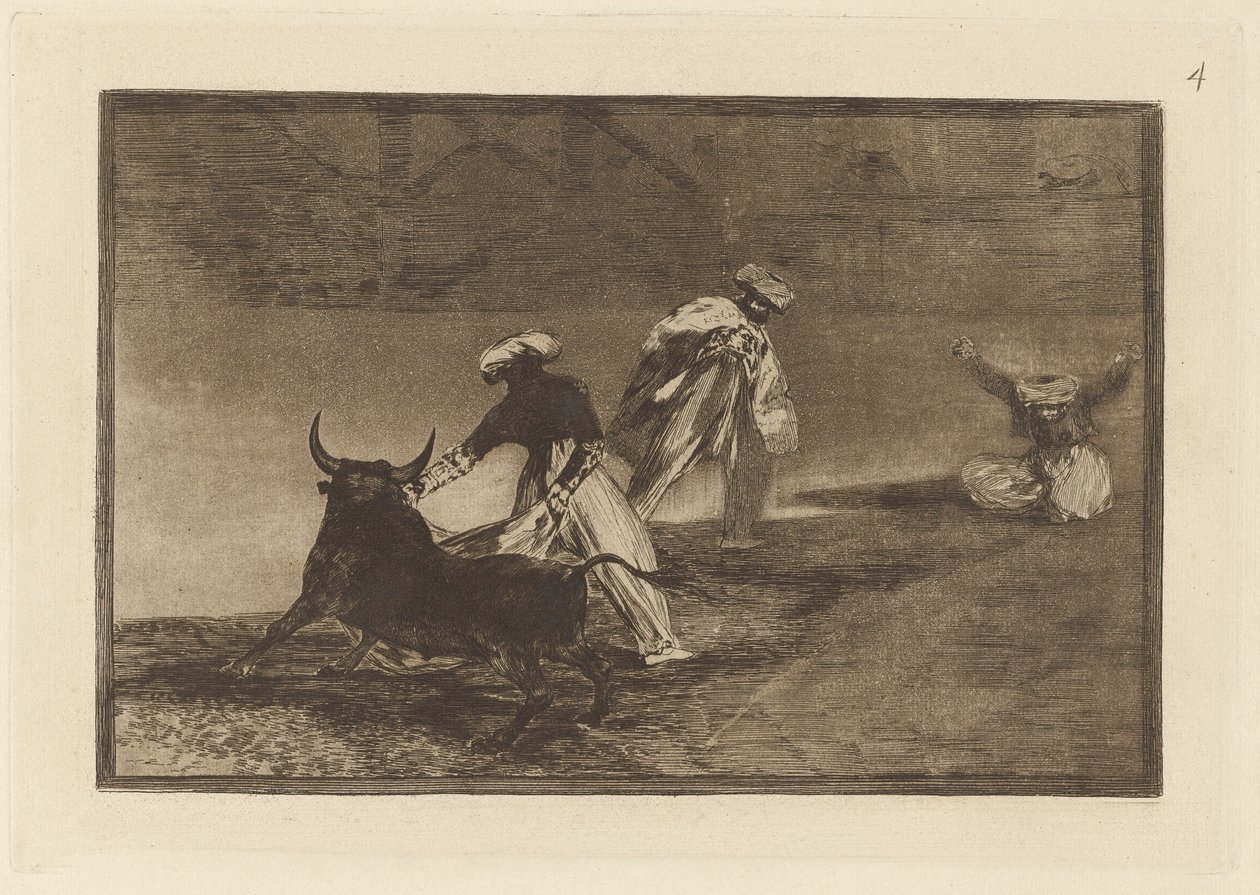 Capean otro encerrado (Egy másikat játszanak a köpennyel a zárványban), 4. tábla a La tauromaquiától alkotó: Francisco de Goya