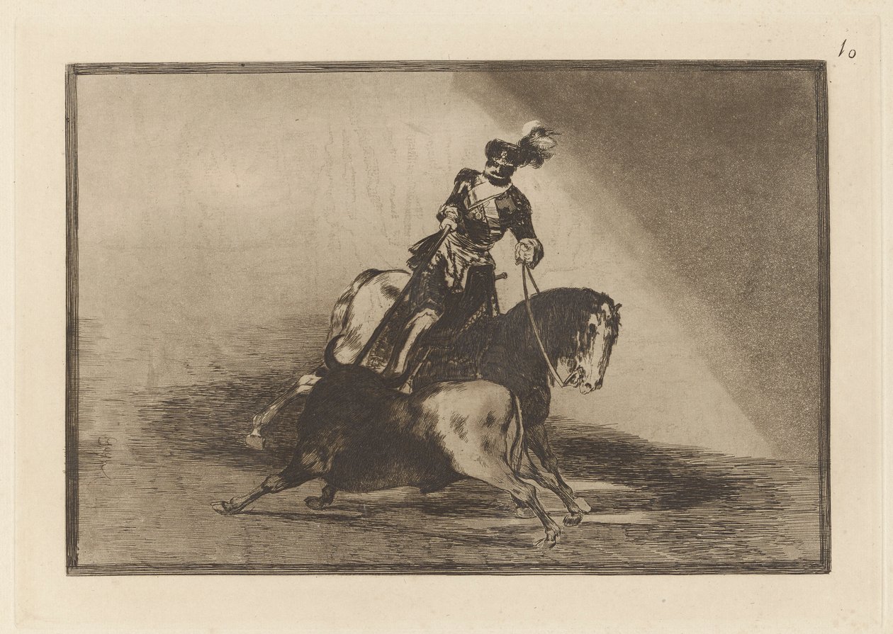 Carlos V. Spearing a Bull in the Plaza de Valladolid (Charles V. Spearing a Bull in the Ring at Valladolid), La tauromaquia 10. tábla alkotó: Francisco de Goya