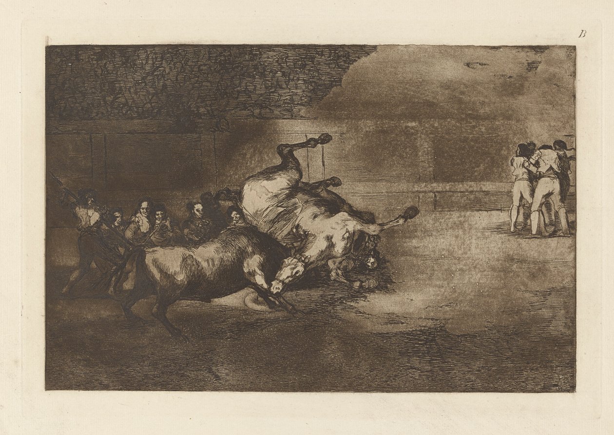 Bika által dobott ló, La tauromaquia B tányérja (harmadik kiadás) alkotó: Francisco de Goya