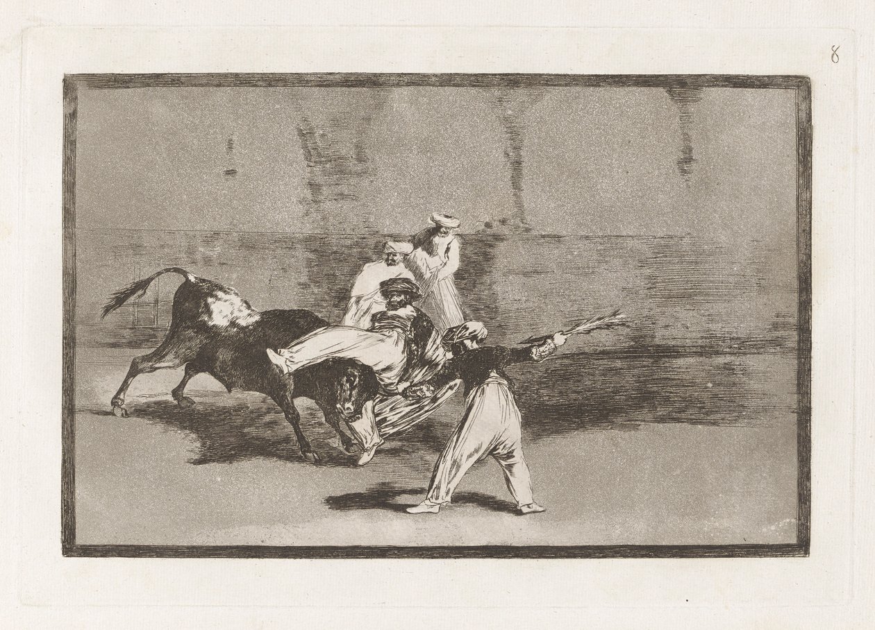 Cogida de un moro estando en la plaza (Egy mór, akit elkapott a bika a gyűrűben), 8. tábla a La tauromaquiától alkotó: Francisco de Goya