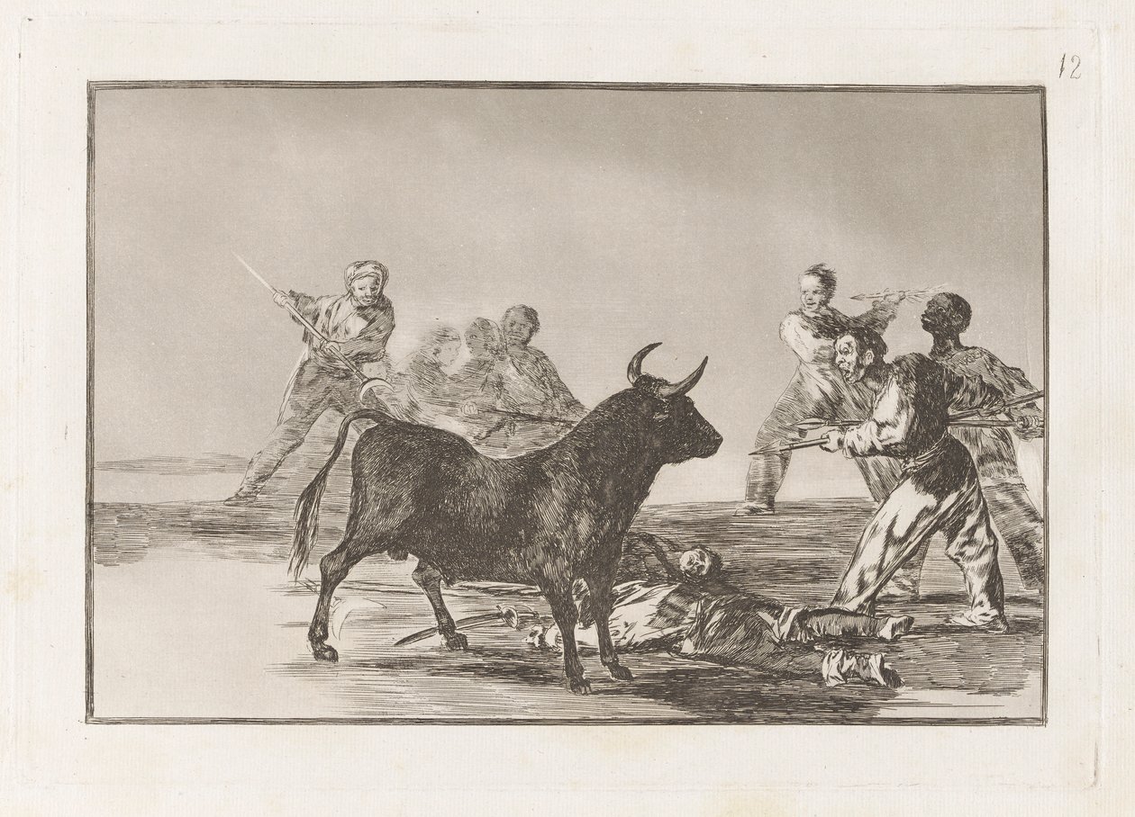 A Bikát lándzsákkal, sarlókkal, banderillákkal és más karokkal felfűző hamvas, 12. tábla a La tauromaquia-ból alkotó: Francisco de Goya