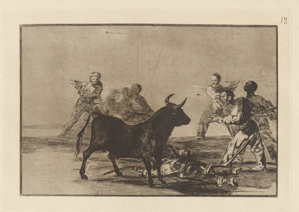 A Bikát lándzsákkal, sarlókkal, banderillákkal és más karokkal felfűző hamvas, 12. tábla a La tauromaquia-ból alkotó: Francisco de Goya