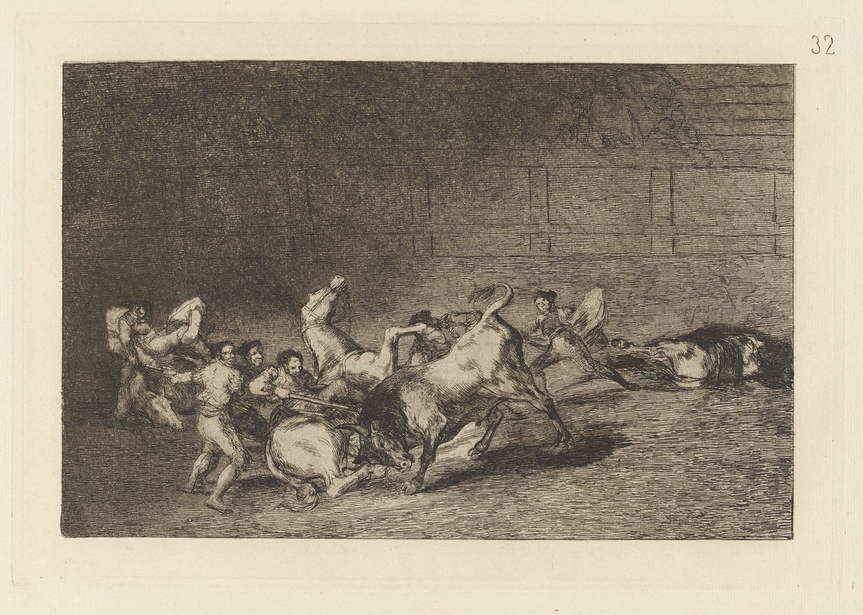 Két Picador-csapat, akiket egy bika dobott egymás után, La tauromaquia 32. táblája alkotó: Francisco de Goya