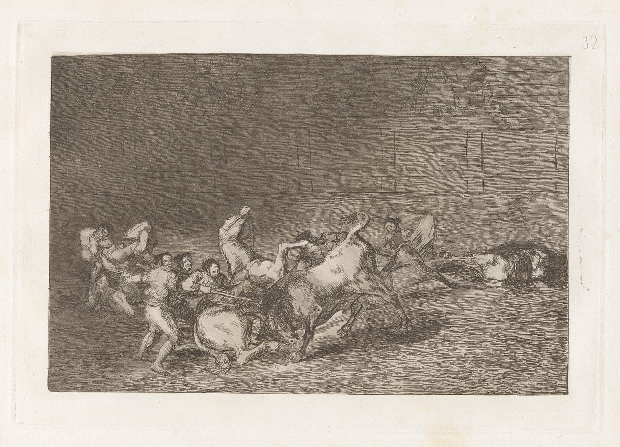 Két Picador-csapat, akiket egy bika dobott egymás után, La tauromaquia 32. táblája alkotó: Francisco de Goya