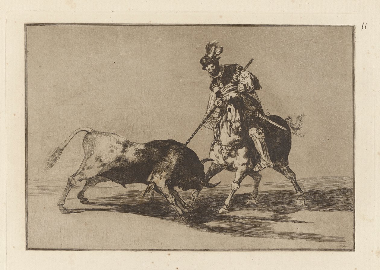 El Cid Campeador lanceando otro toro (A Cid Campeador egy másik bikát lándzsázva), 11. tábla a La tauromaquia-ból alkotó: Francisco de Goya