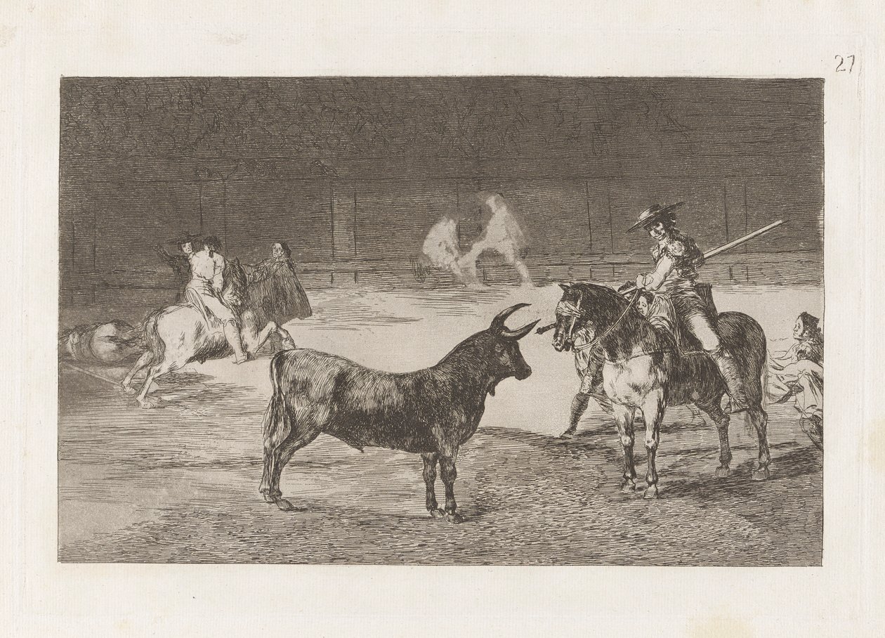 El c?lebre Fernando del Toro, barilarguero, rúdjával kényszeríti a fenevadat (Az ünnepelt Picador, Fernando del Toro, ráhúzza a heves fenevadat a pikéjével), 27. tábla a La tauromaquia-ból alkotó: Francisco de Goya