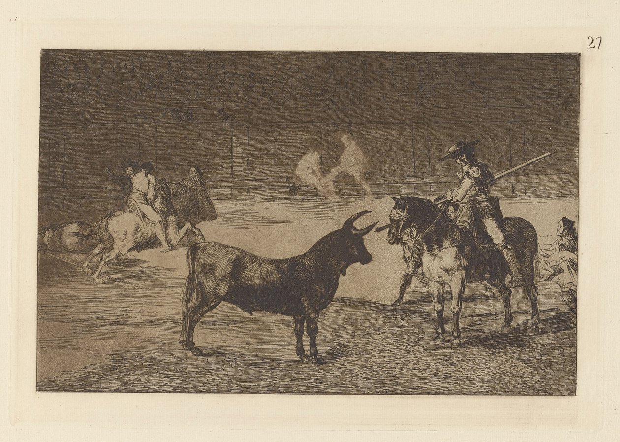 A híres Fernando del Toro, barilarguero, erőltető ? la fiera con su garrocha (Az ünnepelt Picador, Fernando del Toro, Ráhúzza a vadállatot Pique-jával), 27. tábla a La tauromaquia-ból alkotó: Francisco de Goya
