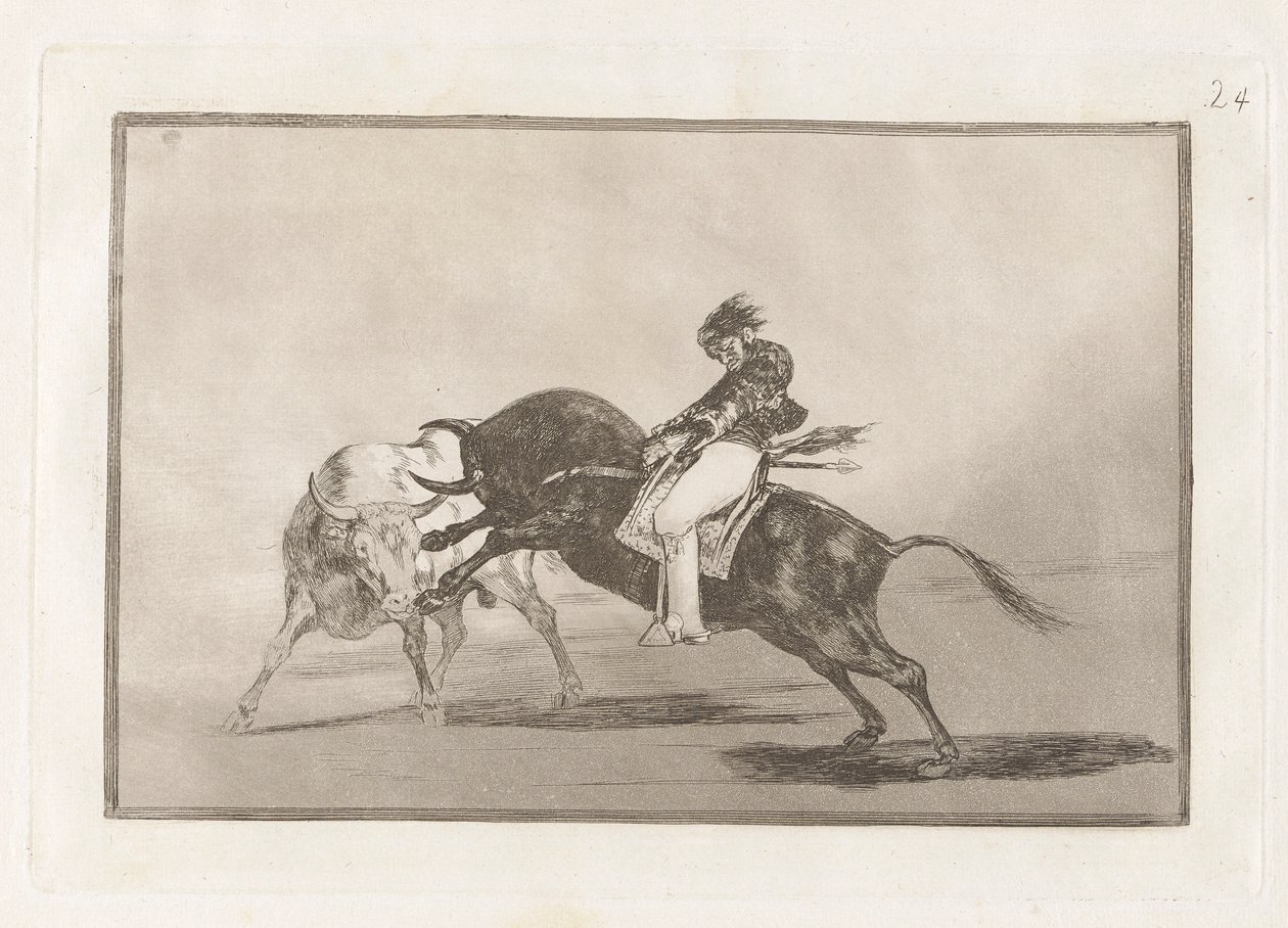 Ugyanazok a Ceballók egy másik bikára szerelve rövidre törik a lándzsákat a ringben Madridban, a La tauromaquia 24. táblája alkotó: Francisco de Goya